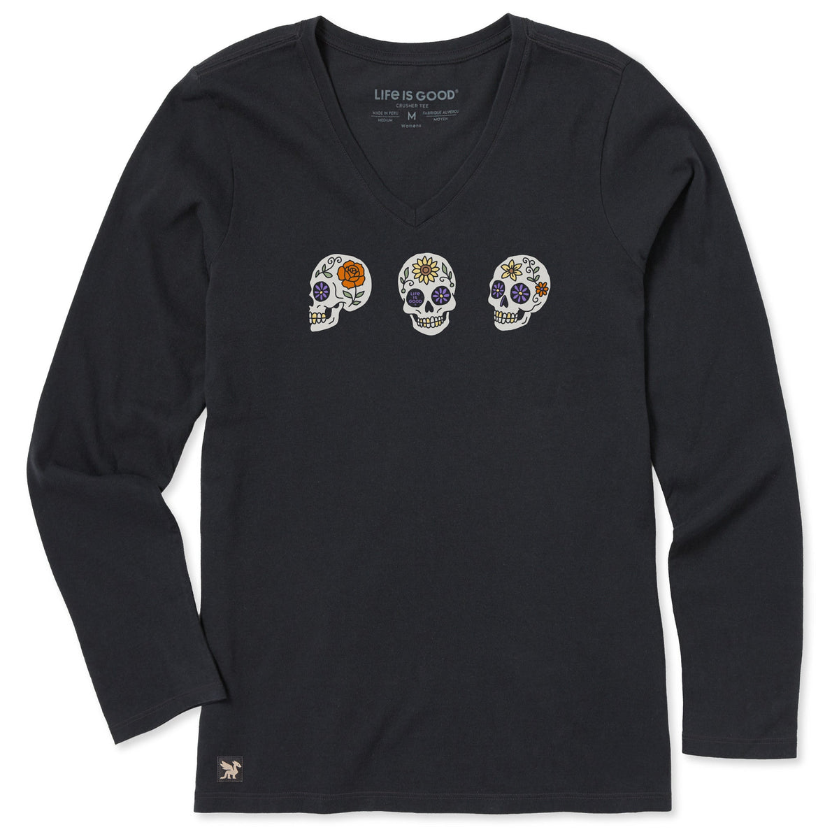 Women's Three Floral Skulls Long Sleeve Crusher Vee product image 1